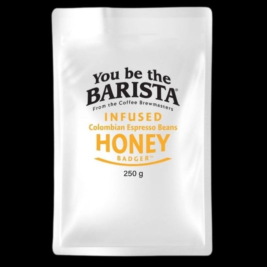 honey badger infused coffee beans. Colombian espresso coffee beans for your home espresso machine, with a note of honey.