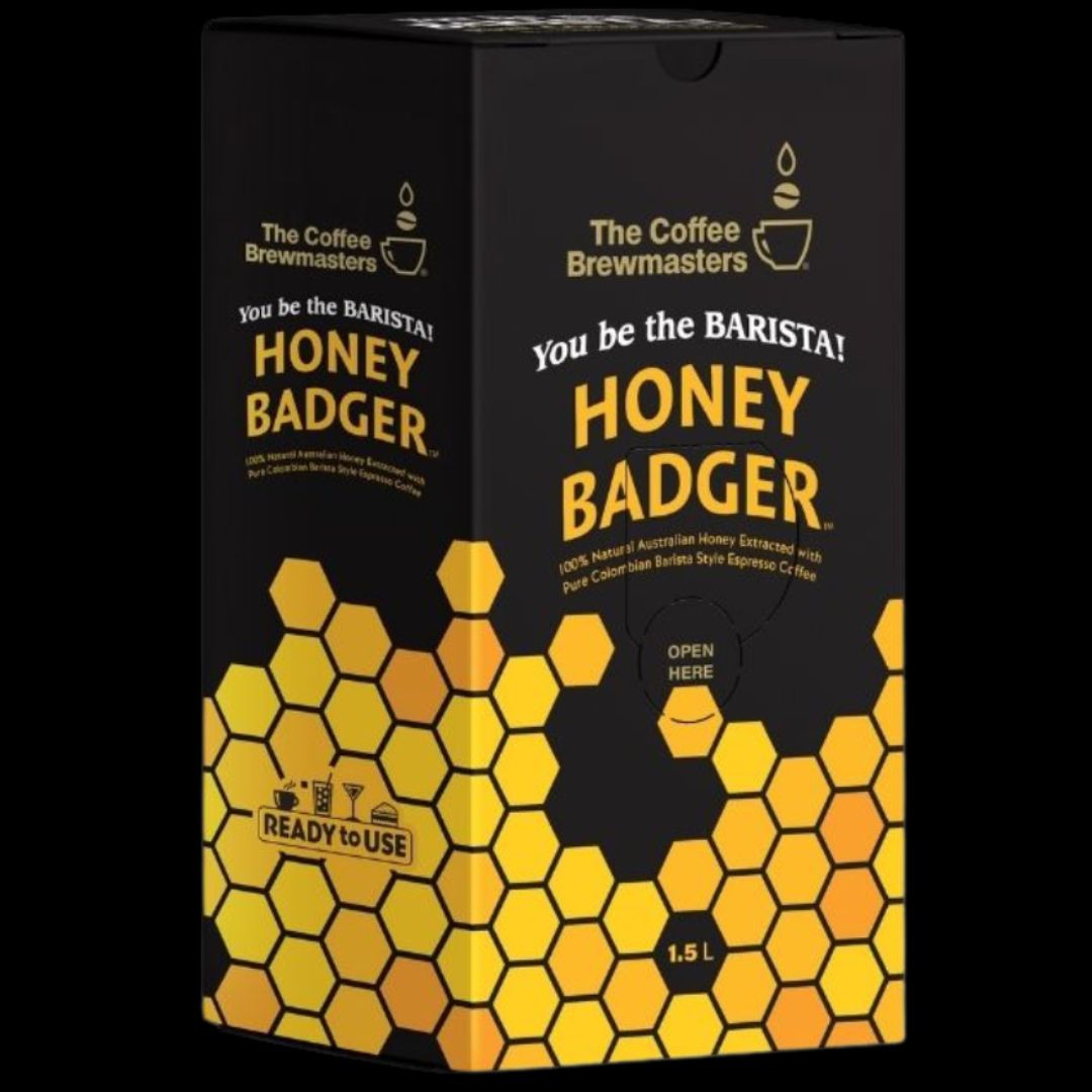Honey badger espresso coffee shots with extracted honey. 60 coffee shots ready to serve in 1.5L box. By You be the Barista