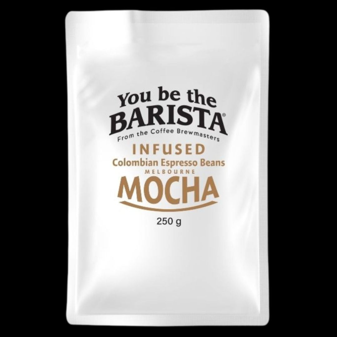 Melbourne mocha infused coffee beans. Infused Colombian espresso coffee beans with a chocolate note on the finish. Arabica single origin coffee beans for you at home espresso machine.